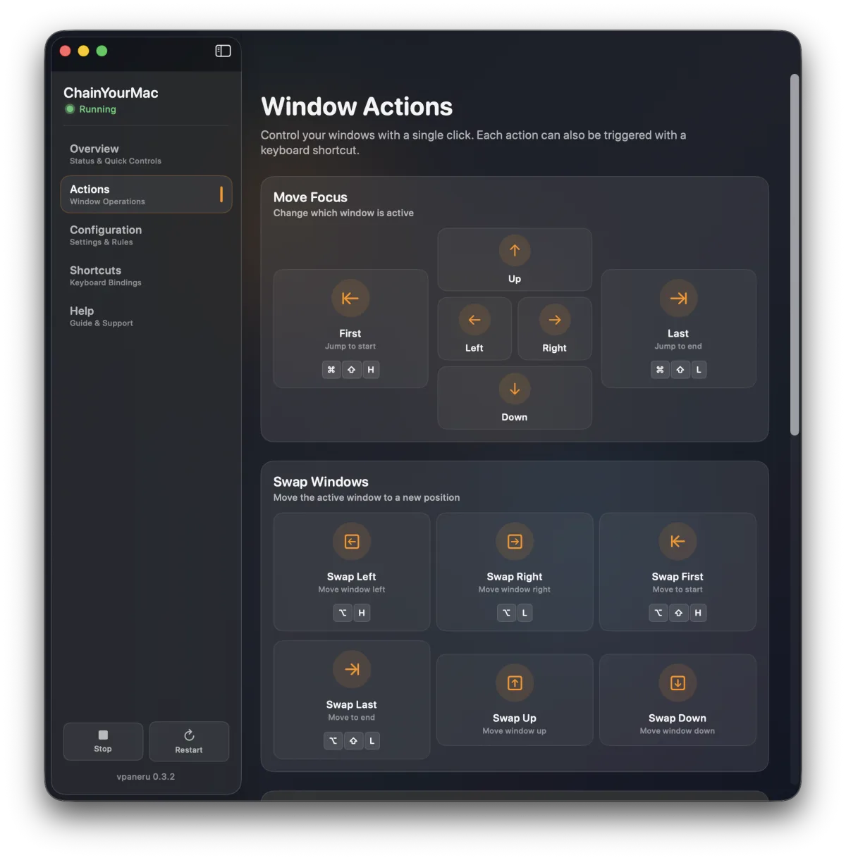 ChainYourMac window actions panel with focus movement and swap controls