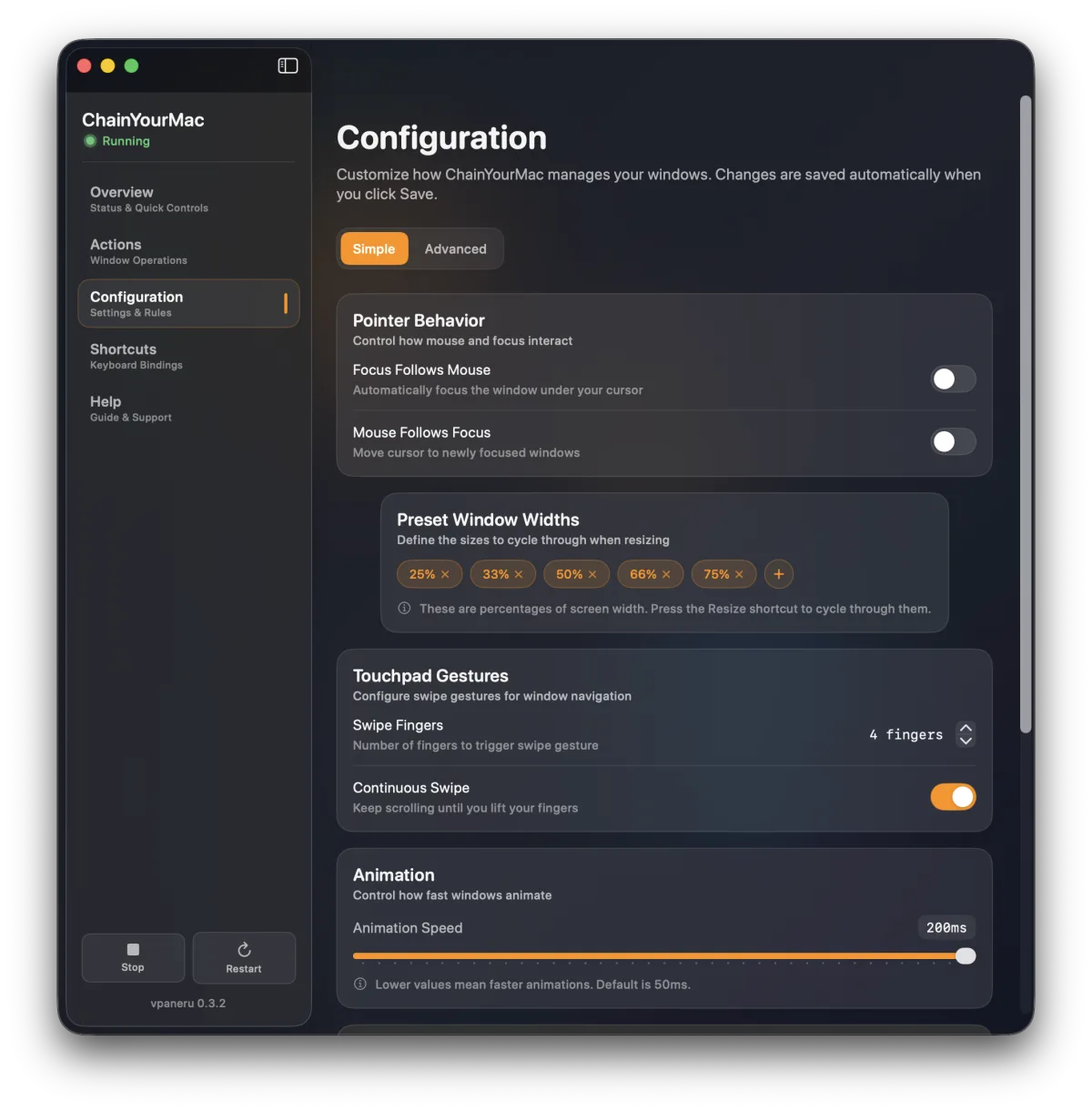 ChainYourMac configuration panel: pointer behavior, preset window widths, and trackpad gesture settings
